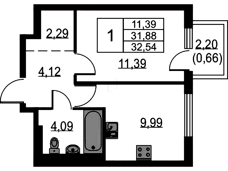 1-комнатная квартира 32.54 м², 12/15 эт., ЖК «Невская Долина»